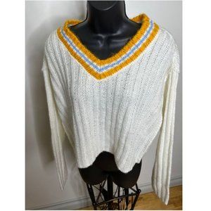 Filocaly Womens Pullover V-Neck Cropped Knit Sweater Long Sleeve Size S White
